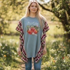 Upcycled, Hand Crocheted, Poncho Style Beatles Top. OS